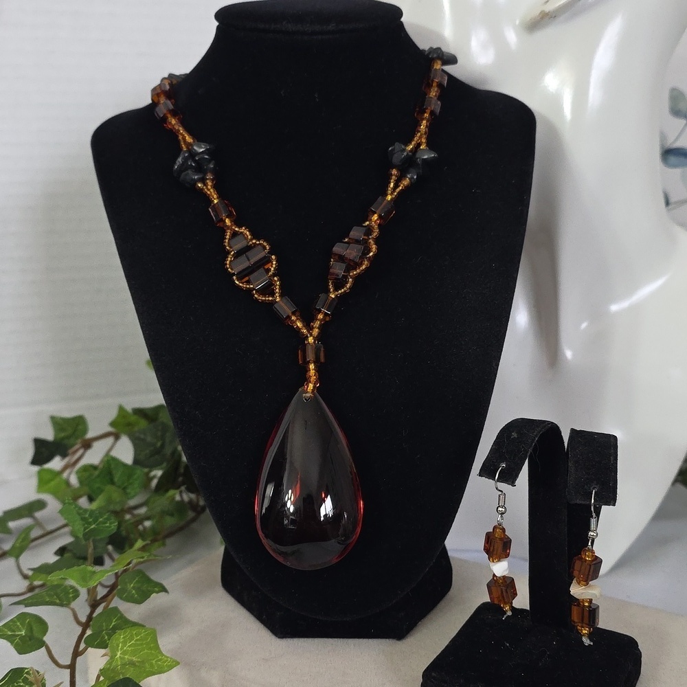 Handmade Amber Color Glass and Natural Stone Teardrop Necklace Earrings Set